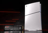 A white PlayStation 5 console stands upright against a dark studio background with red light bars, next to an Sandisk Optimus GXPRO 850P SSD module.