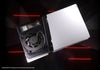PlayStation 5 console shown open at an angle, revealing the black internal fan and components on the left side, Sandisk Optimus GXPRO 850P SSD at the top with a large white front panel on the right. The console is photographed against a dark background with red light streaks.
