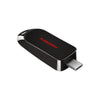 A black SANDISK USB-C Flash Drive - 256 GB flash drive with a red Randisk logo, shown on a solid white background.