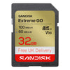 A Sandisk Extreme GO 32GB SD card with a black plastic casing and a gold, red, and white label, shown on a plain white background. featuring Free UK delivery