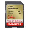 A Sandisk Extreme GO 64GB SD card with a black plastic casing and a gold, red, and white label, shown on a plain white background. featuring Free UK delivery
