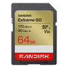 A Sandisk Extreme GO 64GB SD card with a black plastic casing and a gold, red, and white label, shown on a plain white background.