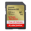 A Sandisk Extreme GO 128GB SDXC V30 Class 10 memory card with a black plastic casing and a gold, white, and red label, shown on a plain white background. Featuring Free UK Delivery