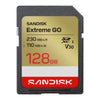 A Sandisk Extreme GO 128GB SDXC V30 Class 10 memory card with a black plastic casing and a gold, white, and red label, shown on a solid white background.