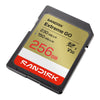 A Sandisk Extreme GO 256GB SD card shown at an angle on a plain white background.