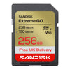 A Sandisk Extreme GO 256GB SDXC V30 Class 10 memory card with a black plastic casing and a gold, white, and red label, shown on a plain white background. Featuring free delivery