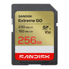 Sandisk Extreme GO 256GB SDXC V30 Class 10 memory card with a black plastic casing and a gold, white, and red label, shown on a solid white background.