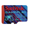 SanDisk GamePlay 128GB memory card with colorful design on a white background