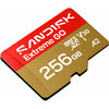 A Sandisk Extreme GO 512GB microSD card with a red and gold design, featuring white text for branding and specifications, shown on a clean white background.