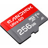 A Sandisk Ultra GO 256GB microSD card with a red and dark gray design, featuring white text for the brand and specifications, shown on a plain white background.
