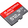 A Sandisk Ultra GO 512GB microSD card with a red and dark gray design, shown at an angle on a plain white background.