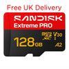 A Sandisk Extreme PRO 128GB microSD card shown on a plain white background, with red text above reading 'Free UK Delivery'. The card is black and red with yellow and white printed markings.