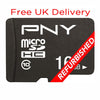 PNY 16GB microSDHC memory card in black with white text, featuring a red diagonal 'REFURBISHED' banner and red 'Free UK Delivery' text at the top on a white background.