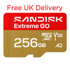 A Sandisk Extreme GO microSDXC V30 256GB A2 flash memory card shown on a plain white background, with red text above reading 'Free UK Delivery'. The card is red on the upper half and gold on the lower half, with white printed branding and specifications.