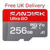 A Sandisk Ultra GO 256GB microSDXC V10 A1 memory card shown on a plain white background, with red text above reading 'Free UK Delivery'. The card is red and gray with white printed branding and specifications.
