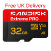 A Sandisk Extreme PRO 32GB microSD card shown on a plain white background with red text above reading 'Free UK Delivery'. The card is black and red with yellow and white printed markings.