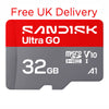 A Sandisk Ultra GO 32GB microSD card shown on a plain white background with red text above reading 'Free UK Delivery'. The card is red and gray with white printed branding and specifications including 'microSD V10', '32GB', and 'A1'.