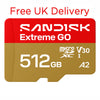 A Sandisk Extreme GO microSDXC V30 512GB card with a red and gold design, featuring 'Free UK Delivery' text above it on a white background.