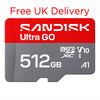 A Sandisk Ultra GO 512GB microSDXC V10 A1 memory card shown on a white background with red text at the top reading 'Free UK Delivery'.
