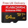 A Sandisk Extreme PRO 64GB microSD card shown on a plain white background, with red text above reading 'Free UK Delivery'. The card is black and red with yellow and white printed markings.