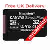 Kingston Canvas Select Plus 32GB microSDHC memory card shown on a white background with red text reading 'Free UK Delivery' at the top and a red diagonal 'REFURBISHED' banner across the card.