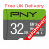 A 32GB PNY Elite Micro SD card with a green and gray design, featuring a red diagonal 'REFURBISHED' banner overlay, on a plain white background and free Uk delivery