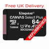 Kingston Canvas Select Plus 64GB microSD card shown on a white background with red text reading 'Free UK Delivery' at the top and a red diagonal 'REFURBISHED' banner across the card.