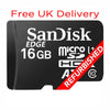 A SanDisk Edge Micro SD 16GB card shown on a white background with red text reading 'Free UK Delivery' at the top and a red diagonal banner reading 'REFURBISHED'.