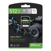 PNY EliteX-PRO60 512GB UHS-II SDXC flash card in its retail blister packaging, featuring a black and green design with a camera lens graphic and action photo illustrations.