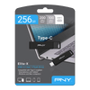 PNY Elite-X 256GB USB-C flash drive in its retail packaging, featuring a black and blue design with compatibility details for laptops and smartphones.