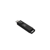 A black USB-C dongle with white printed text and symbols, shown at an angle on a solid black background.