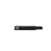 A sleek, black rectangular electronic device with a sliding mechanism, shown from a side profile against a solid black background.
