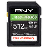 A PNY EliteX-PRO60 UHS-II 512GB SDXC memory card on a plain white background. The card is black with a green banner, white text, and a white promotional sticker that reads 'Free UK Delivery' in red.
