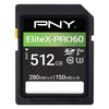 A PNY EliteX-PRO60 UHS-II 512GB SDXC memory card shown against a plain white background. The card is black with a prominent green banner containing the model name, white text for the capacity and speed ratings, and a small yellow connector tab visible on the left side.