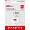 Sandisk Ultra GO 128GB microSD card in its original retail packaging, featuring a white and red card design with a graphic of a smartphone and a small inset of the microSD card.