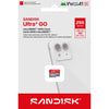 Sandisk Ultra GO 128GB microSD card in its original retail packaging, featuring a white and red card design with a graphic of a smartphone and a small inset of the microSD card.