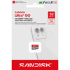 Sandisk Ultra GO 512GB microSD card in its retail packaging, featuring a white and red card design with a graphic of a smartphone and a small inset of the microSD card.
