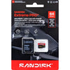 Sandisk Extreme PRO 64GB microSDHC UHS-I card with adapter in retail blister packaging, showing the black card, adapter, and clear protective cover on a black card backing with red Sandisk branding.