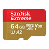 A SanDisk Extreme 64GB microSD card with a red and gold design, featuring white text for brand, capacity, and specifications, shown on a plain white background.
