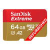 SanDisk Extreme 64GB microSDXC memory card with a red and gold design, featuring a diagonal red 'REFURBISHED' banner, on a white background.