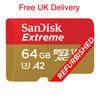 A SanDisk Extreme 64GB microSDXC memory card shown on a plain white background, with red text reading 'Free UK Delivery' above it and a red diagonal banner across the card that says 'REFURBISHED'.