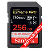 SanDisk Extreme PRO 256GB SDXC memory card with a black casing and a black front label featuring red and yellow text, plus a red diagonal 'REFURBISHED' banner overlay, on a white background.