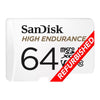 A white SanDisk 64GB high endurance microSDXC card with black text and a red diagonal 'REFURBISHED' banner, shown on a plain white background.