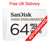 A SanDisk 64GB high endurance microSDXC card on a white background with 'Free UK Delivery' in red text at the top and a red diagonal banner reading 'REFURBISHED'.