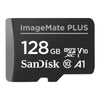 A SanDisk ImageMate PLUS 128GB microSDXC V10 A1 memory card shown on a plain white background.