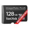 A SanDisk ImageMate PLUS 128GB microSDXC memory card shown on a plain white background, with a red diagonal 'REFURBISHED' banner overlay.