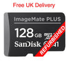 A SanDisk ImageMate PLUS 128GB microSDXC G241 flash memory card shown on a white background with red promotional text reading 'Free UK Delivery' at the top and a red diagonal 'REFURBISHED' banner across the front.