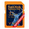 SanDisk 32GB outdoor flash memory card with an orange casing and a deer graphic on the front, featuring a red diagonal 'REFURBISHED' banner overlay.