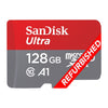 SanDisk Ultra 128GB microSD card in red and gray packaging-style design with white text, plus a red diagonal banner reading REFURBISHED on a white background.
