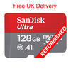 SanDisk Ultra 128GB microSD card in red and gray packaging-style design with white text, plus a red diagonal banner reading REFURBISHED on a white background. Featuring Free Uk Delivery